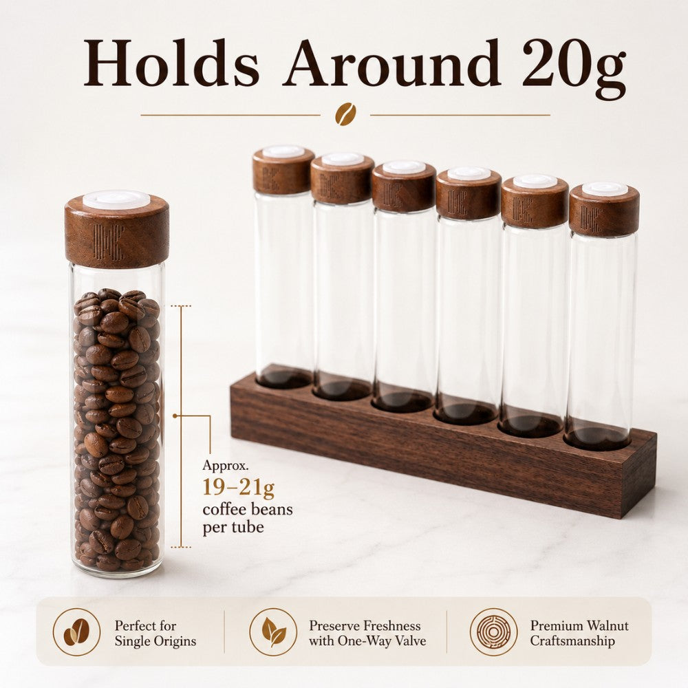 Set of walnut coffee bean display tubes with exhaust valve lids, showcasing 20g coffee beans in clear glass containers by KNOCDIC®.
