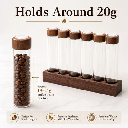 Set of walnut coffee bean display tubes with exhaust valve lids, showcasing 20g coffee beans in clear glass containers by KNOCDIC®.