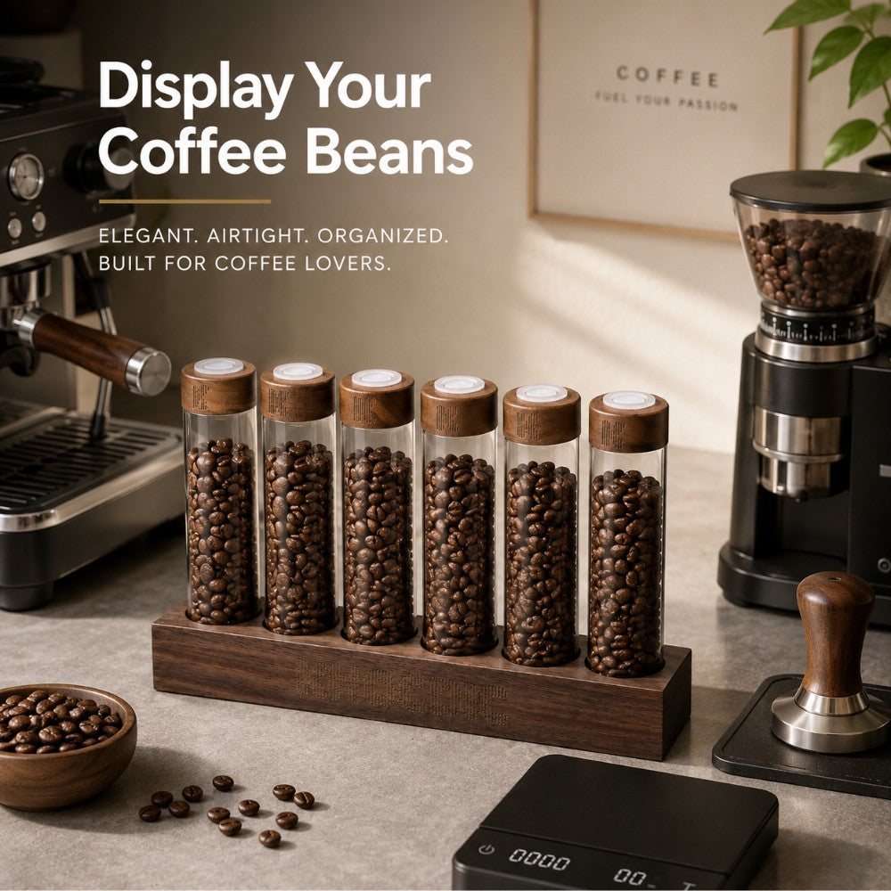 KNOCDIC® walnut coffee bean display tubes with exhaust valve lids, showcasing fresh coffee beans in clear glass containers.