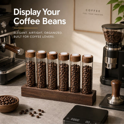 KNOCDIC® walnut coffee bean display tubes with exhaust valve lids, showcasing fresh coffee beans in clear glass containers.