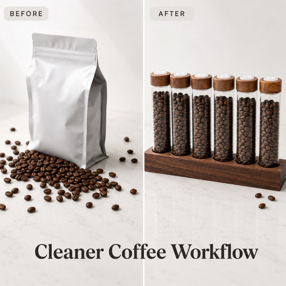 Set of walnut coffee bean display tubes with exhaust valve lids from KNOCDIC® for storing and showcasing coffee beans.