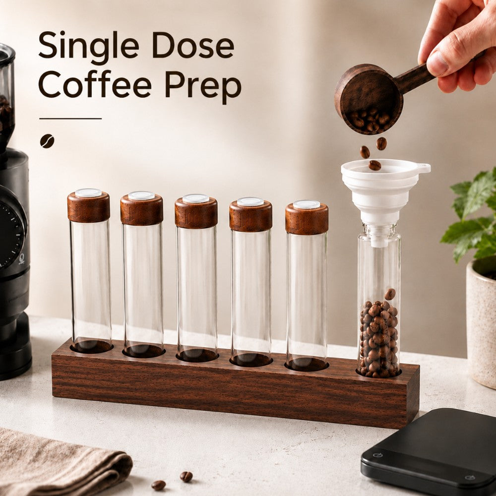 KNOCDIC® walnut coffee bean display tubes with exhaust valve lids, showcasing single-dose coffee beans in clear glass containers.