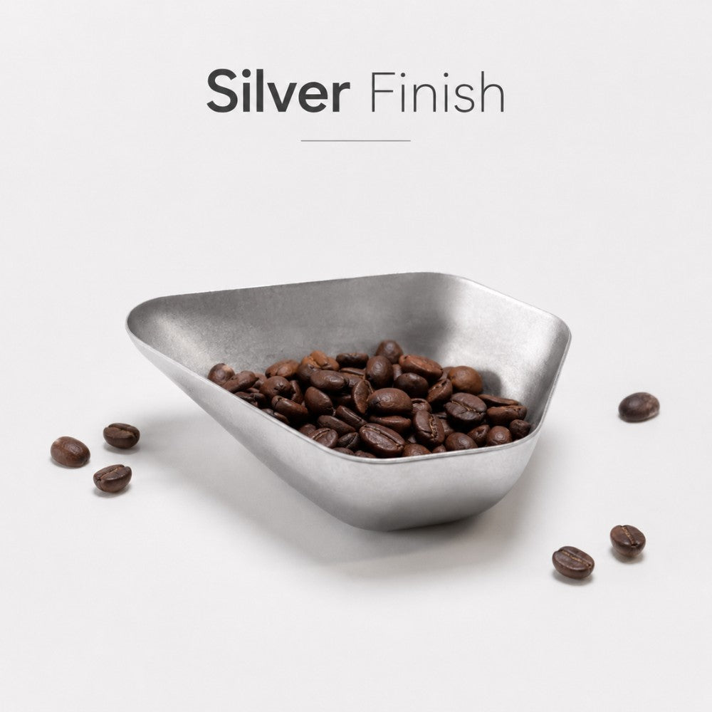 KNOCDIC® coffee bean dish in silver finish, round decorative dish with engraved coffee bean design on smooth surface.
