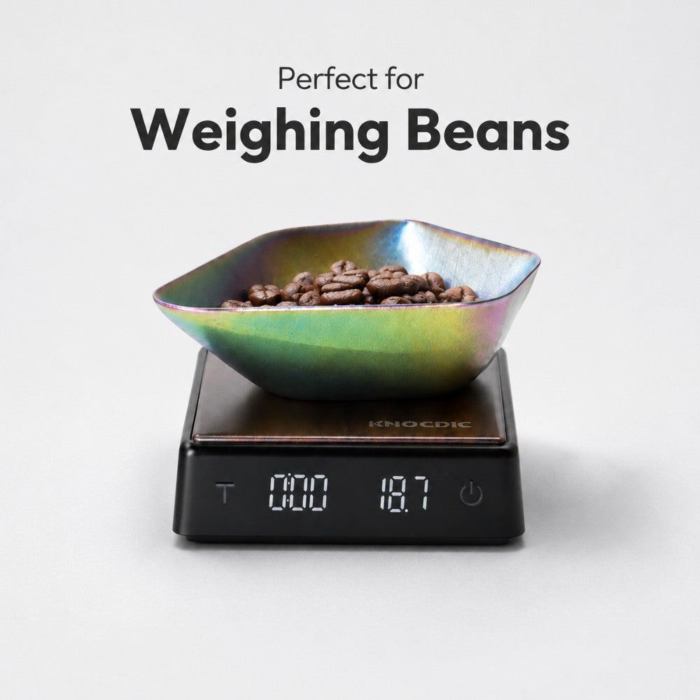 KNOCDIC® bean dosing bowl and RDT spray bottle set with coffee bean weighing scale and spray nozzle on a countertop