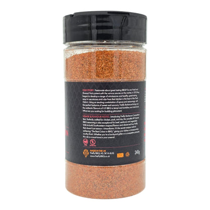 FireFly Barbecue Competition BBQ Rub jar showing the label and seasoning inside on a wooden surface.