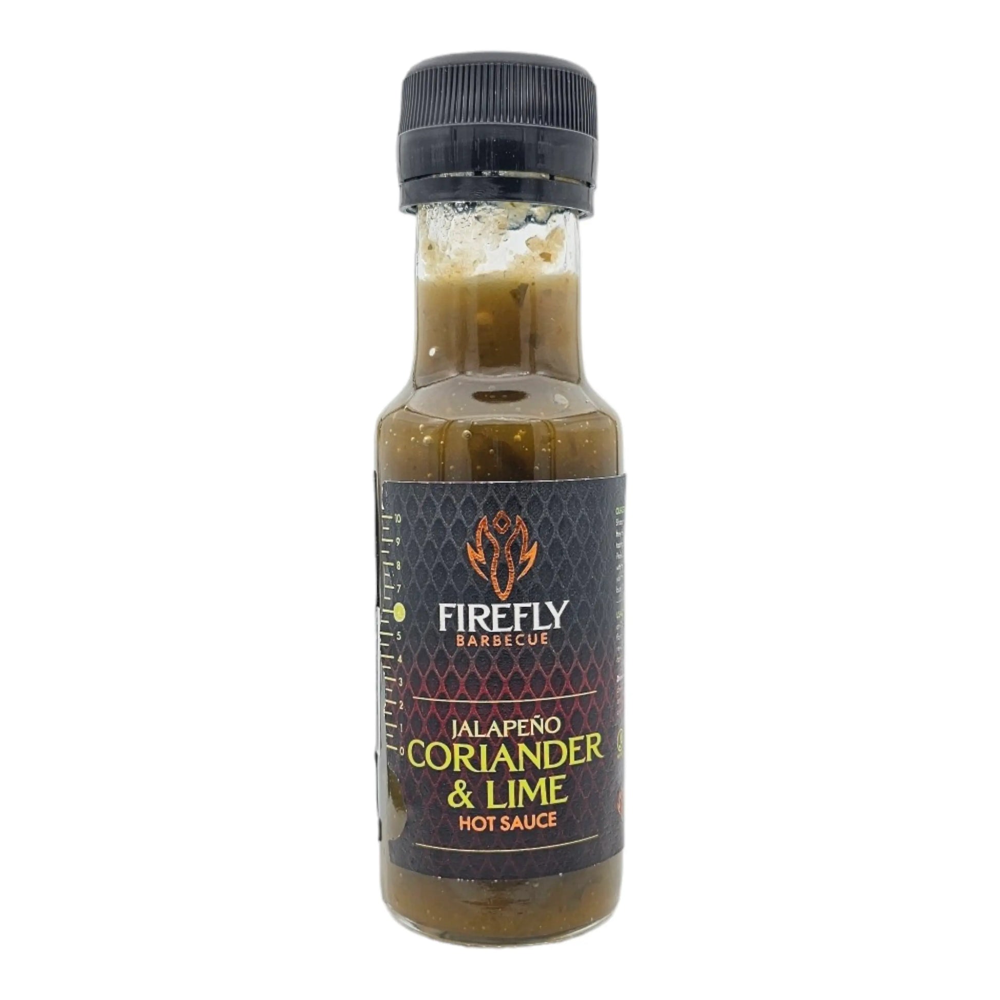 FireFly Barbecue Jalapeno Coriander & Lime hot sauce bottle, vibrant green and orange label with fresh ingredients.