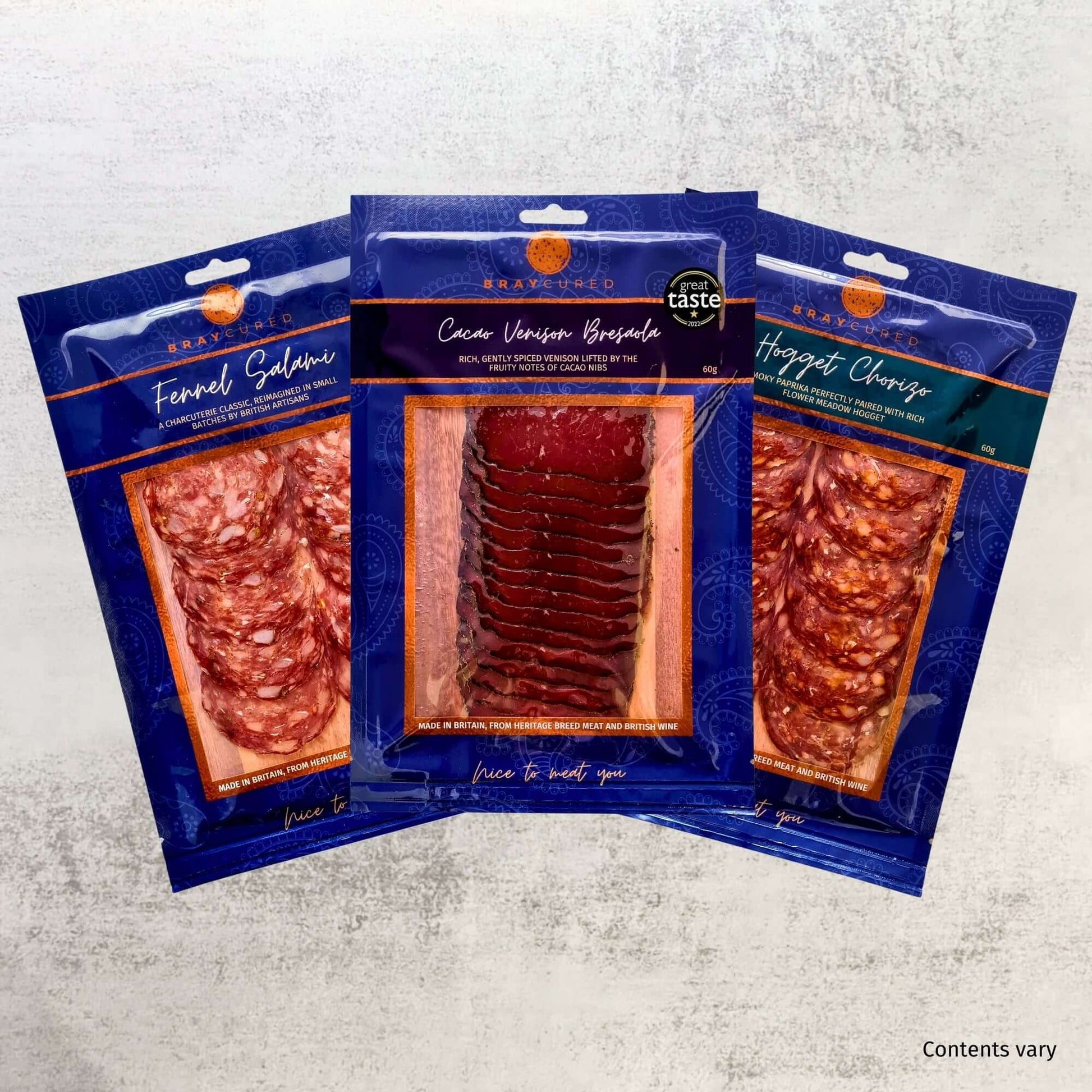 Bray Cured Charcuterie Course Preview Pack with assorted cured meats and accompaniments on a wooden serving board.
