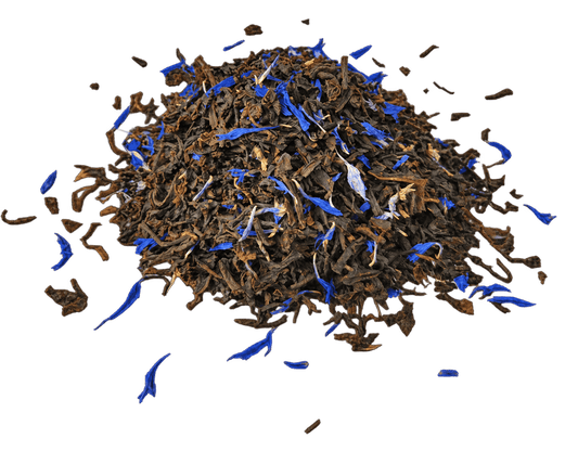 Cream Earl Grey black tea from Porter Hill Tea Company in a transparent container with tea leaves and cream color.