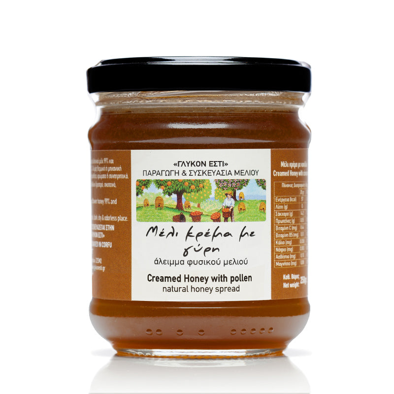 Creamed Greek honey with organic pollen from The Greek Deli Club, showing smooth honey with pollen grains visible.