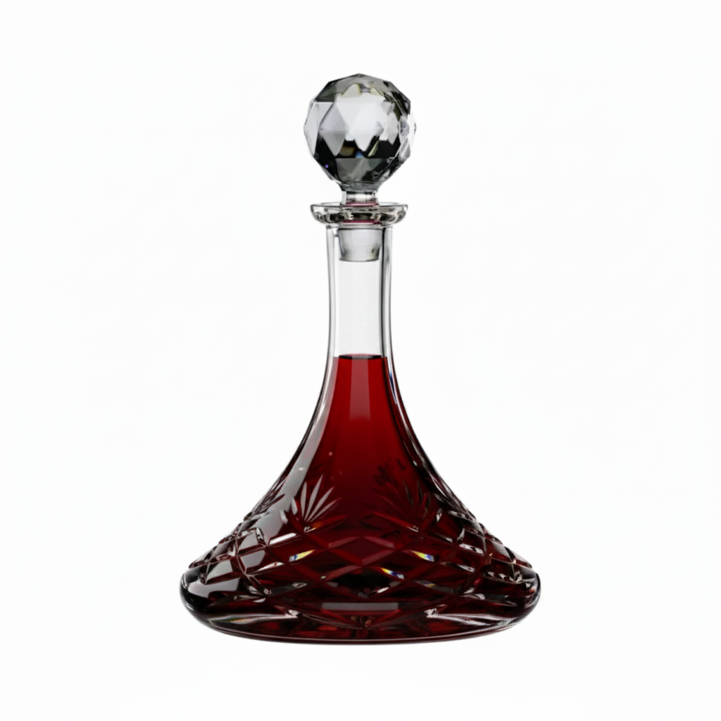 Crystal Ships Decanter from Glassware UK filled with red wine, showcasing its elegant fully cut crystal design and 0.85L capacity.