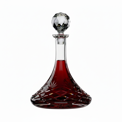 Crystal Ships Decanter from Glassware UK filled with red wine, showcasing its elegant fully cut crystal design and 0.85L capacity.