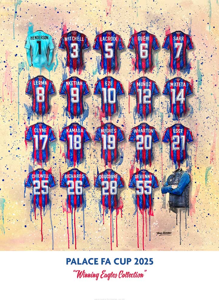 Limited edition Crystal Palace FA Cup winners print by Terry Kneeshaw, featuring Eagles shirt art and signed details.