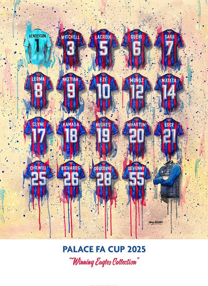 Limited edition Crystal Palace FA Cup winners print by Terry Kneeshaw, featuring Eagles shirt art and signed details.