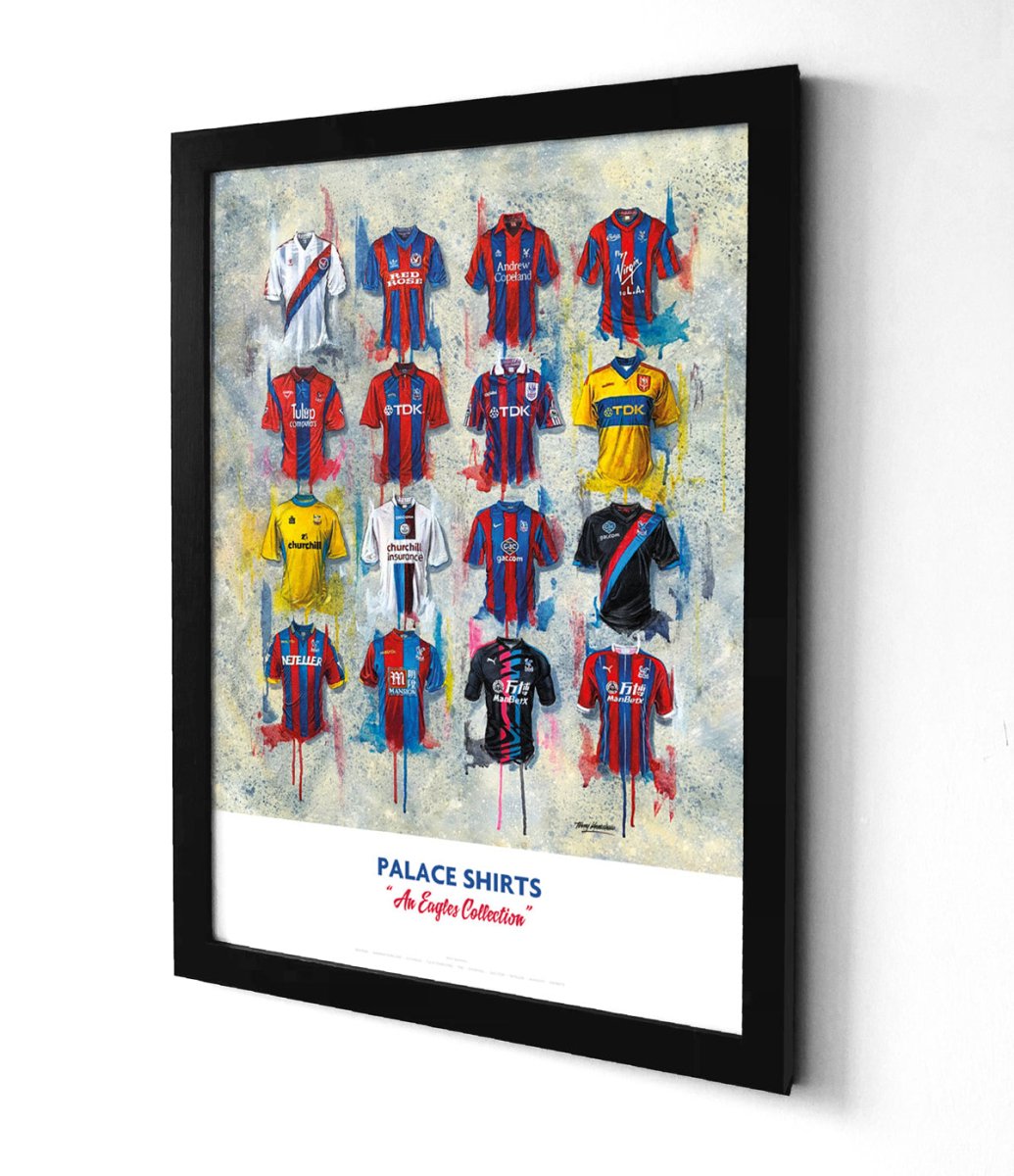 Limited edition signed print of Crystal Palace FC shirts by Terry Kneeshaw Art, featuring detailed artwork of the iconic jerseys.