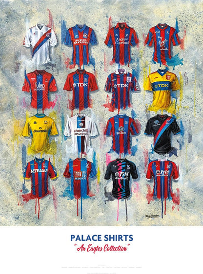 Limited edition signed print of Crystal Palace FC shirts by Terry Kneeshaw Art, showcasing detailed artwork of iconic football jerseys.