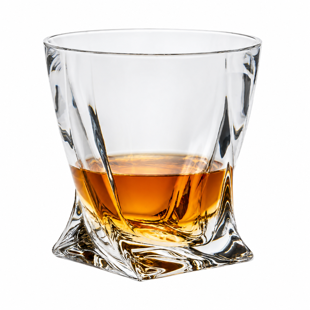 Apex Twist Crystalite whisky tumbler filled with whisky, 340ml capacity, clear glass with a twisted design, by Glassware UK.