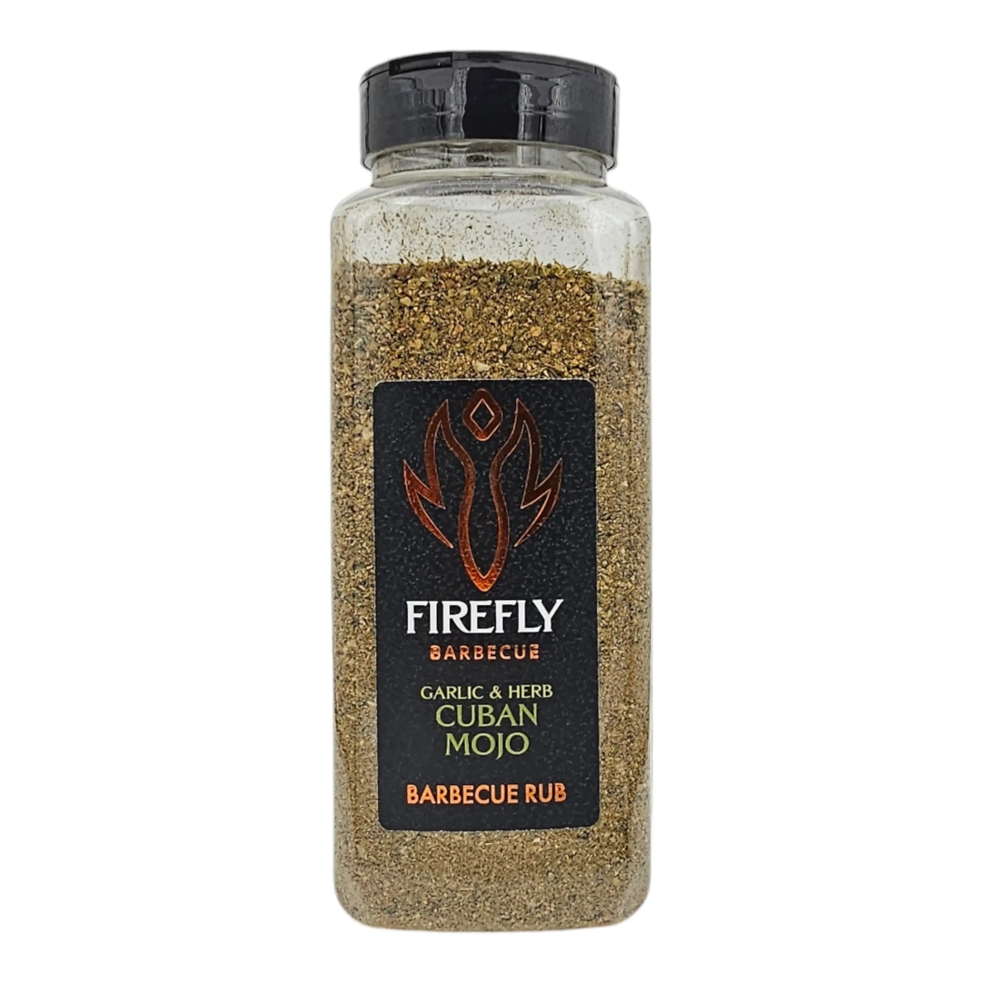FireFly Barbecue Florida Cuban Mojo BBQ Rub jar with label, showcasing vibrant packaging and Cuban-inspired seasoning.