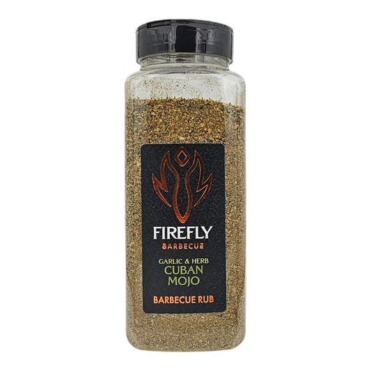 FireFly Barbecue Florida Cuban Mojo BBQ Rub jar with label, showcasing vibrant packaging and Cuban-inspired seasoning.