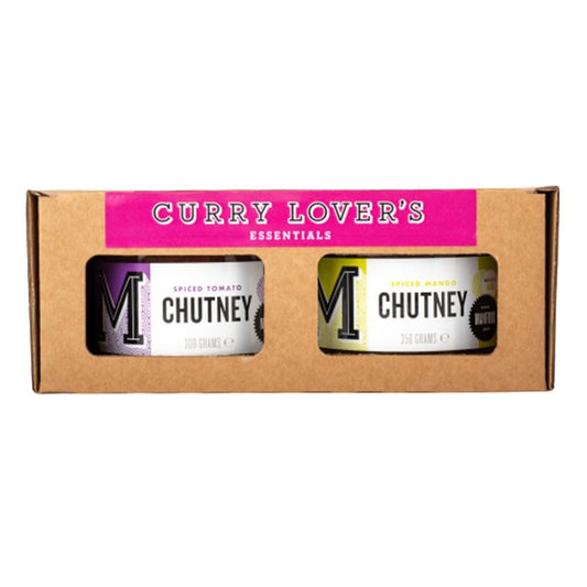Manfood Curry Lover's Chutney Essentials Gift Set in a decorative gift box, featuring assorted chutneys for curry enthusiasts.