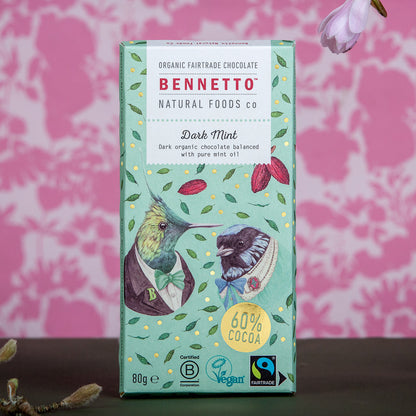 Bennetto Natural Foods UK dark mint chocolate bar with smooth dark chocolate and refreshing mint flavor.