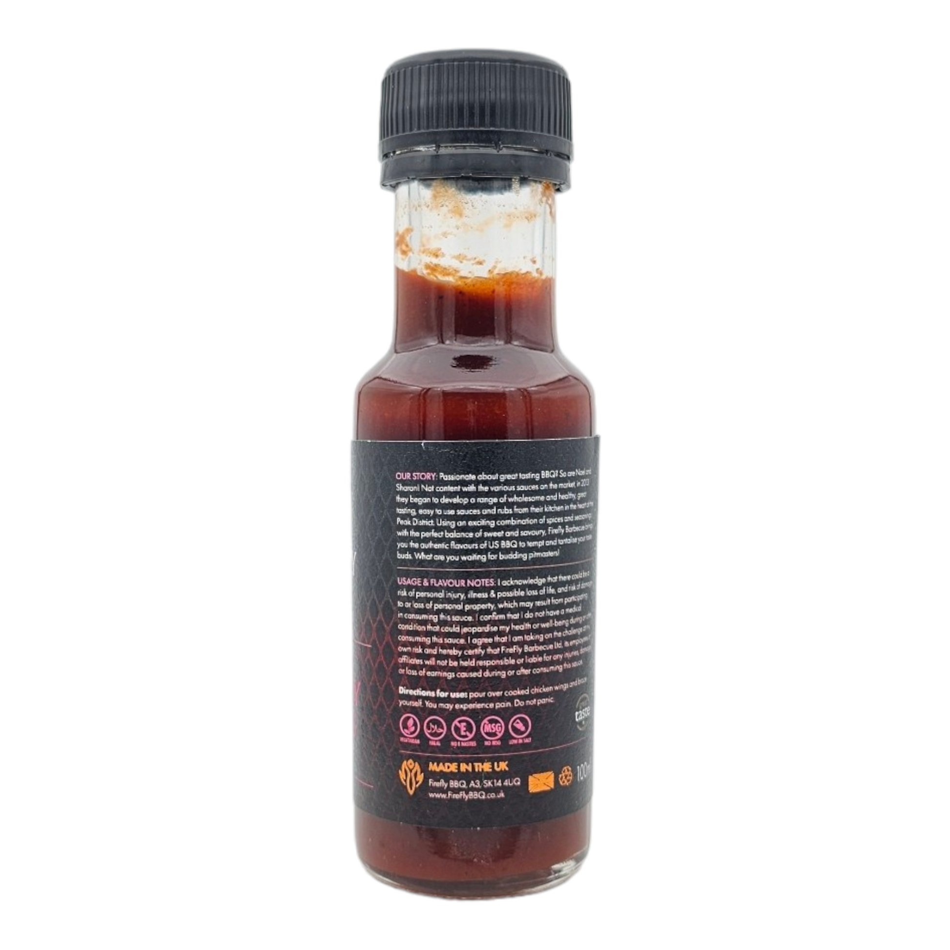Bottle of FireFly Barbecue 7 Deadly Wings Hot Sauce with a fiery label, showcasing a spicy hot sauce product.