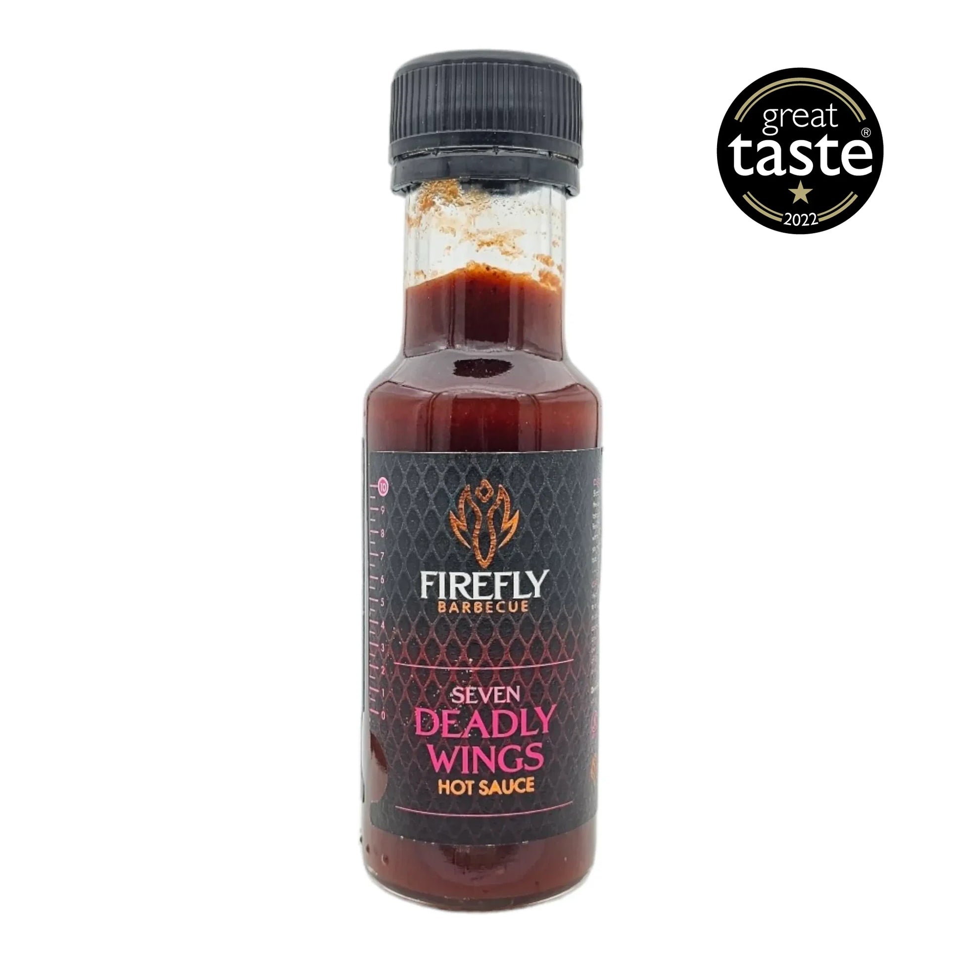 FireFly Barbecue 7 Deadly Wings Hot Sauce bottle with award badge, showcasing spicy hot sauce for wings and grilled dishes.