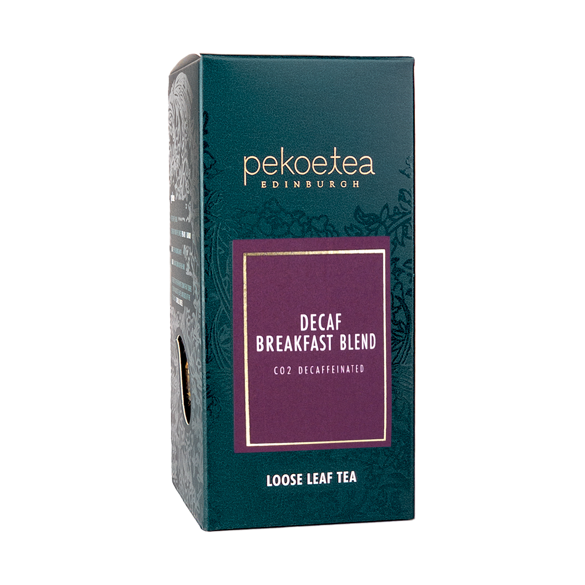 Decaffeinated Breakfast Blend tea from PekoeTea Edinburgh in a loose leaf tea box.