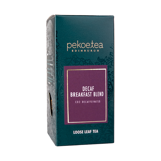 Decaffeinated Breakfast Blend tea from PekoeTea Edinburgh in a loose leaf tea box.