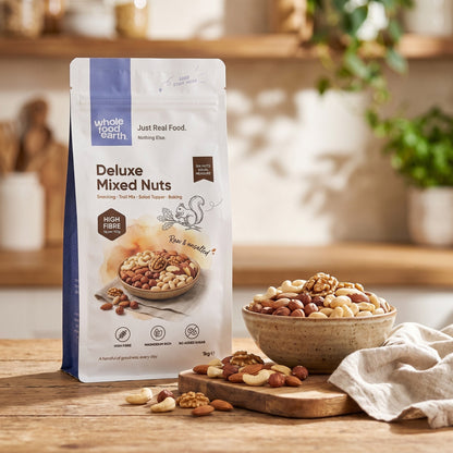 Assorted Whole Food Earth Deluxe Mixed Nuts in a bowl, showcasing a variety of nuts like almonds, cashews, and walnuts.