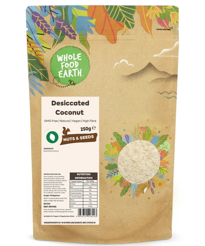 Desiccated coconut from Whole Food Earth, shredded dried coconut flakes, nuts and seeds product, natural and unsweetened