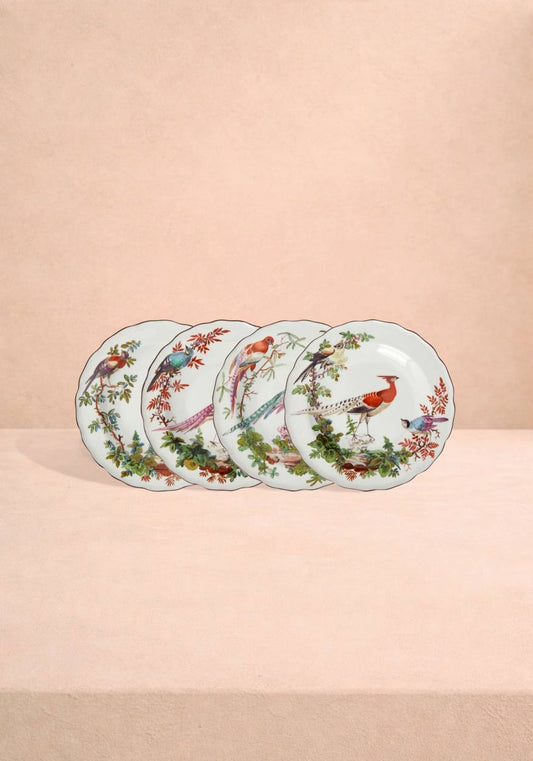 Set of four Casa by Josephine Jenno Chelsea Bird dessert plates with colorful bird and floral design on white ceramic.