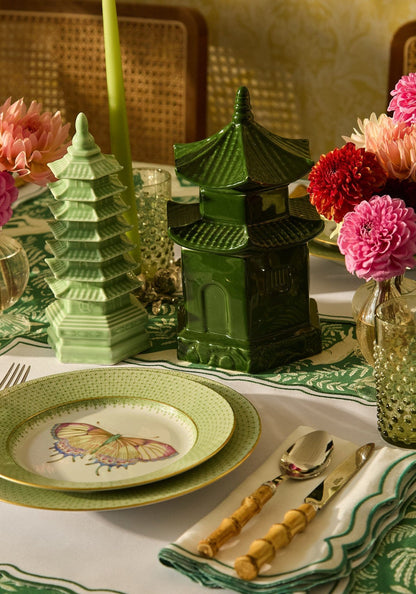 Set of four Casa by Josephine Jenno green apple lace dessert plates with butterfly side design for pudding and desserts.