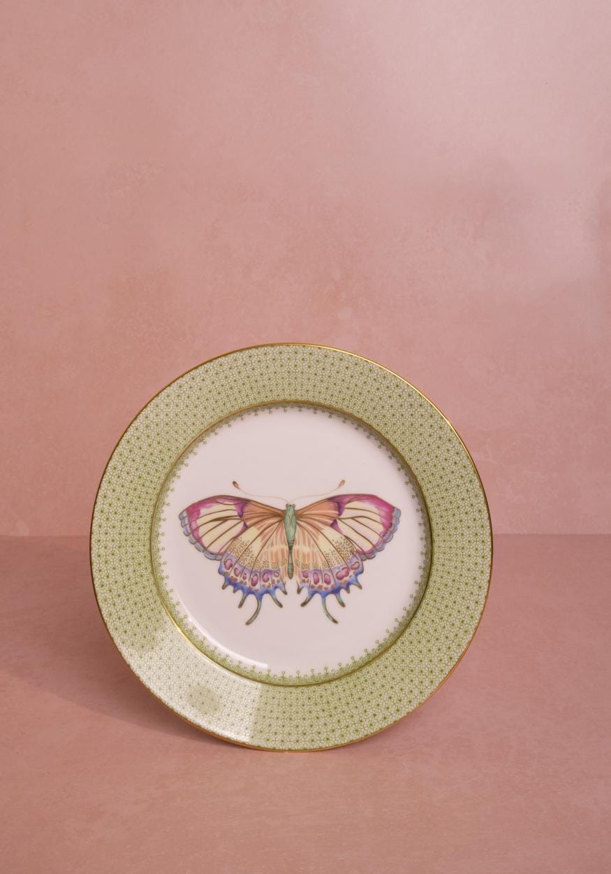 Set of 4 Casa by Josephine Jenno green apple lace dessert plates with butterfly side design, perfect for pudding or side servings.