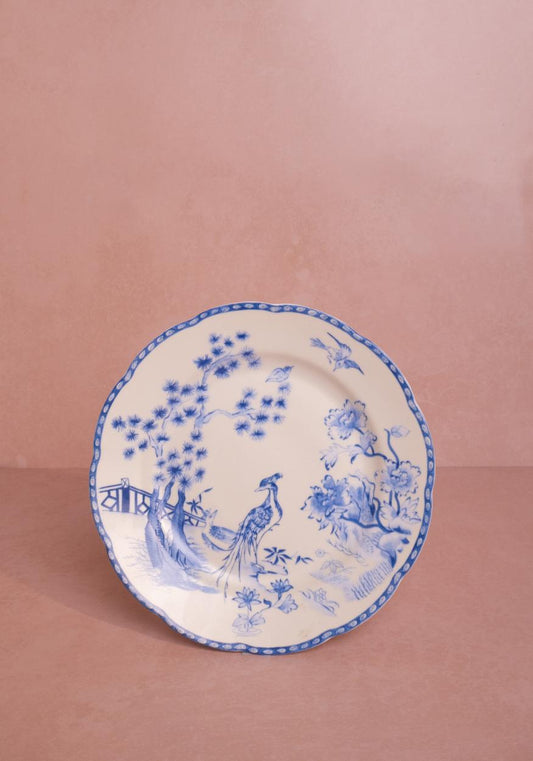 Set of four Virginia Blue and White dessert plates by Casa by Josephine Jenno featuring intricate blue patterns on white ceramic.