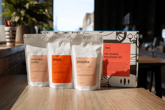 Small Batch Coffee The Global Discovery Kit tasting set with single origin coffee samples in a sleek box.