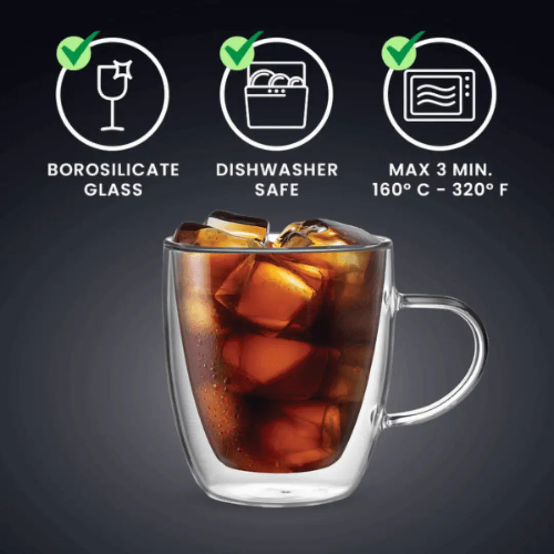 Brew Italia Capri double-walled glass mugs set of 2, 350ml, dishwasher-safe, with clear double-wall design for hot and cold drinks.