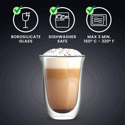 Brew Italia Firenze double-walled coffee glasses set of two, dishwasher-safe latte and espresso glasses with clear glass design