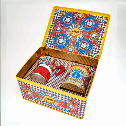 Bialetti X Dolce&Gabbana Sicilian Cart gift set featuring a 3-cup moka espresso maker and coffee bags from Brew Italia
