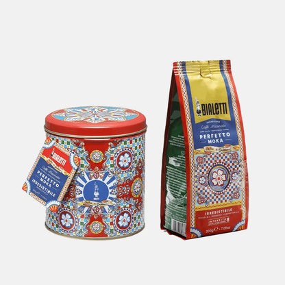 Bialetti Brew Italia Dolce&Gabbana Irresistible Coffee Moka Ground in 200g tin, featuring elegant packaging with Dolce&Gabbana branding.