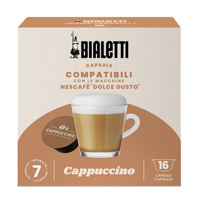 Bialetti Dolce Gusto compatible coffee capsules by Brew Italia, showing a row of cappuccino capsules in colorful packaging.