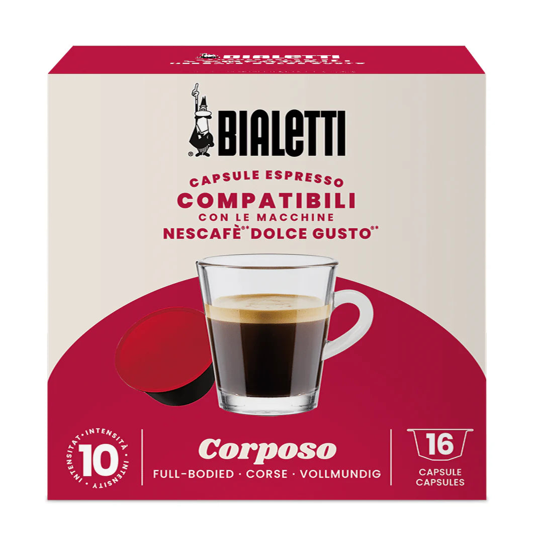 Bialetti Dolce Gusto compatible coffee capsules by Brew Italia, featuring a close-up of the capsule packaging.