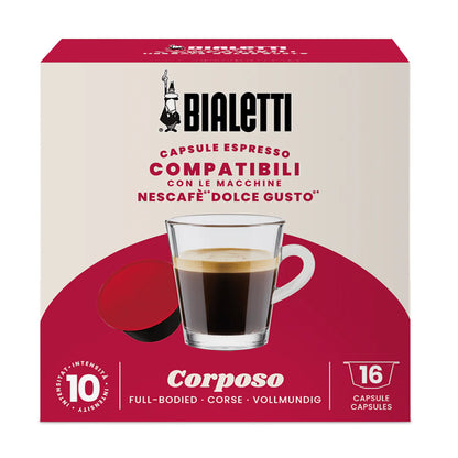 Bialetti Dolce Gusto compatible coffee capsules by Brew Italia, featuring a close-up of the capsule packaging.
