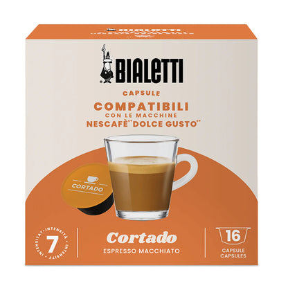 Bialetti Dolce Gusto compatible coffee capsules by Brew Italia, featuring a close-up of the coffee capsule with branding and packaging.