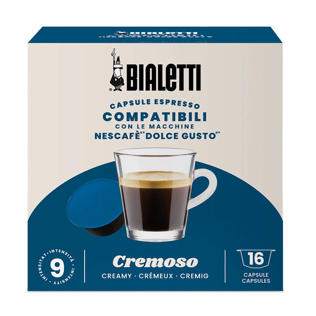 Bialetti Dolce Gusto compatible coffee capsules from Brew Italia, featuring creamy Bialetti coffee capsules for Dolce Gusto machines.