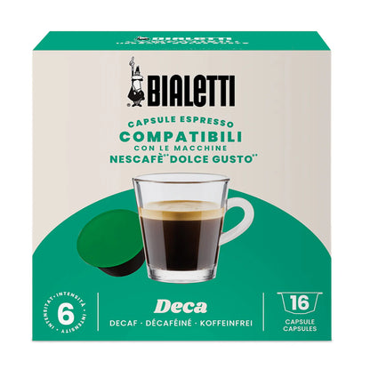 Bialetti Dolce Gusto compatible coffee capsules by Brew Italia, decaffeinated Bialetti coffee in sleek packaging.