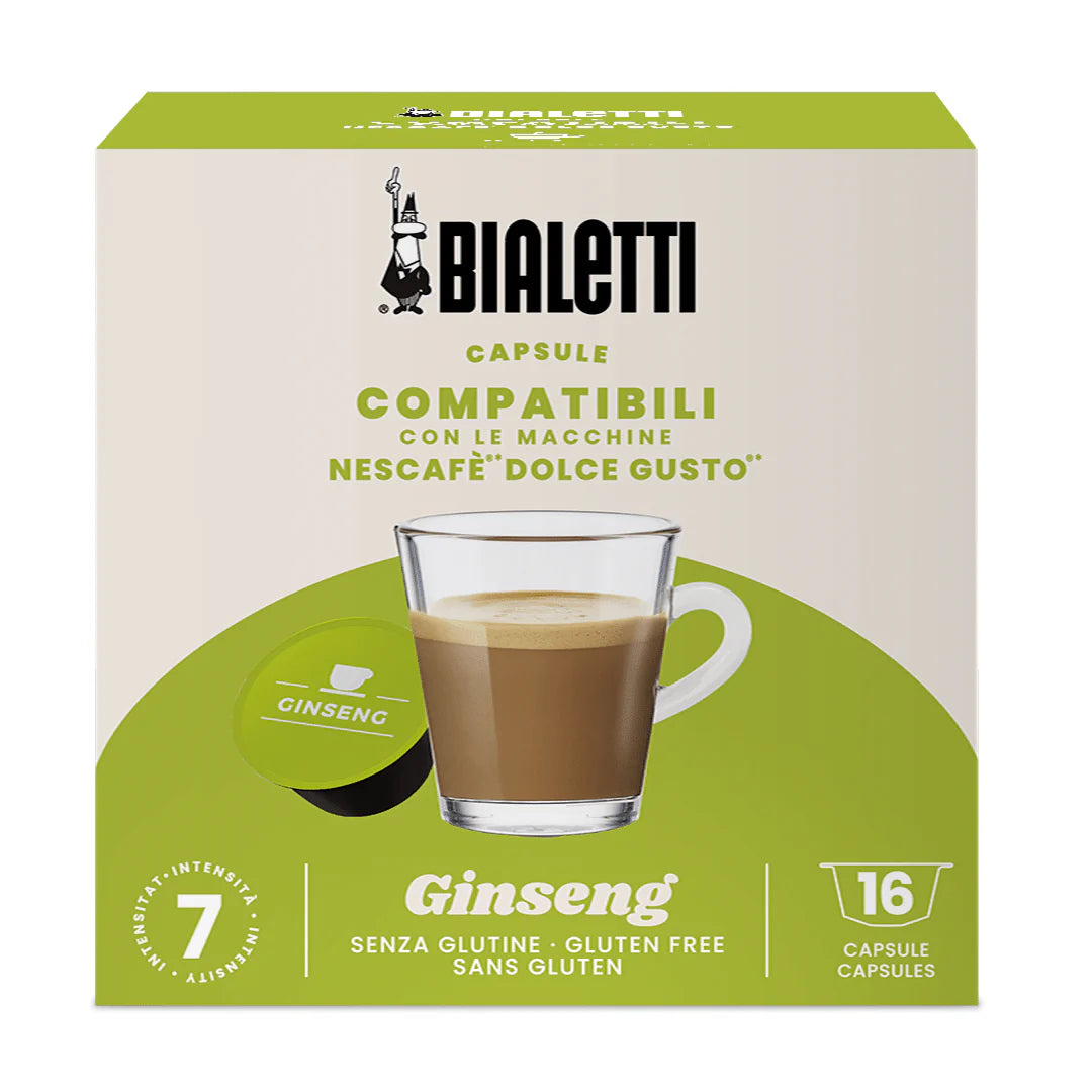 Bialetti coffee capsules compatible with Dolce Gusto, Brew Italia brand, featuring Ginseng flavor in a sleek packaging image.