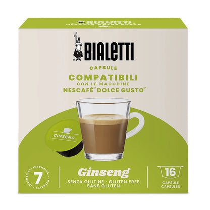 Bialetti coffee capsules compatible with Dolce Gusto, Brew Italia brand, featuring Ginseng flavor in a sleek packaging image.
