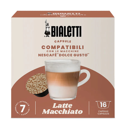 Bialetti Dolce Gusto compatible Brew Italia coffee capsules with latte macchiato flavor in a clear container.