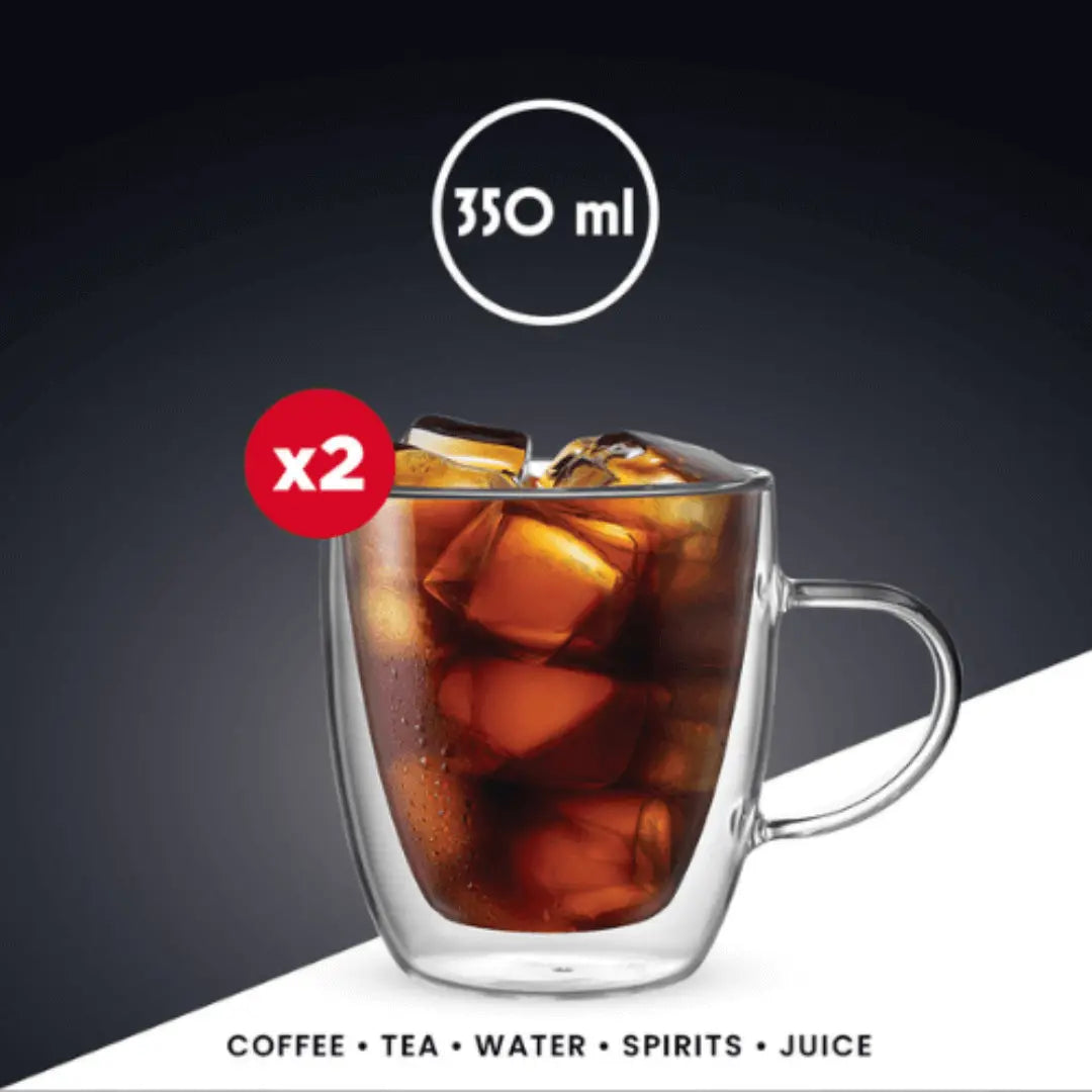 Brew Italia Capri Double Walled Glass Mugs set of 2, 350ml, clear double-walled design with handles, ideal for hot beverages
