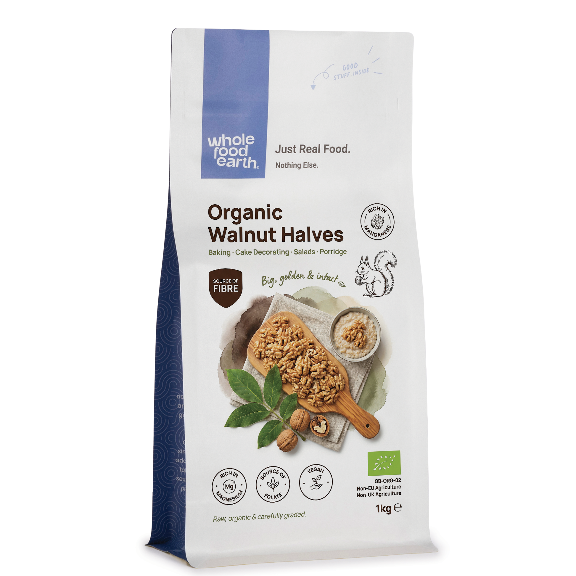 Organic Walnut Halves from Whole Food Earth, showing fresh, crunchy walnut halves in a natural light setting.